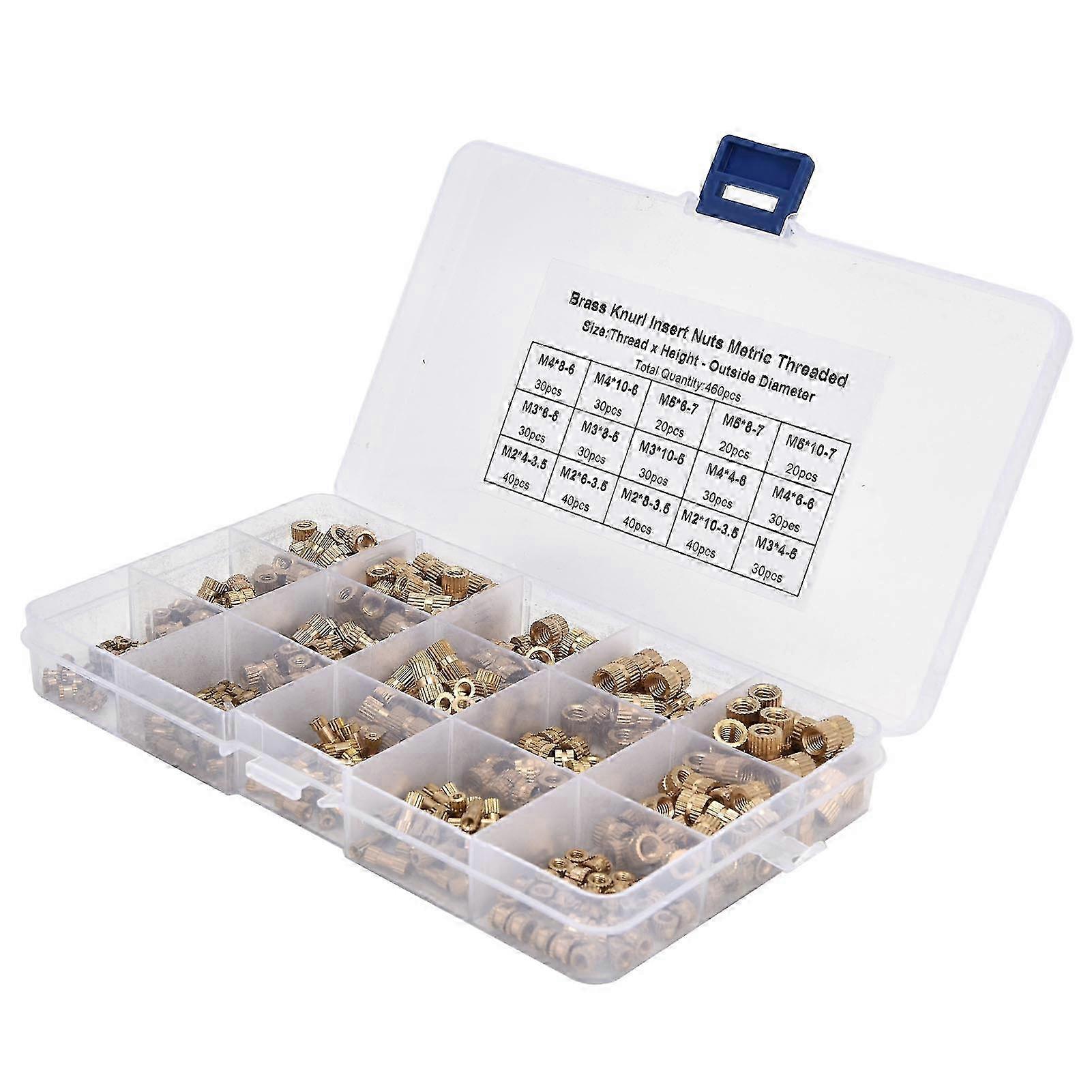 460Pcs Knurled Nuts M2 M3 M4 M5 Female Thread Brass Threaded Insert Embedment Assortment Kit