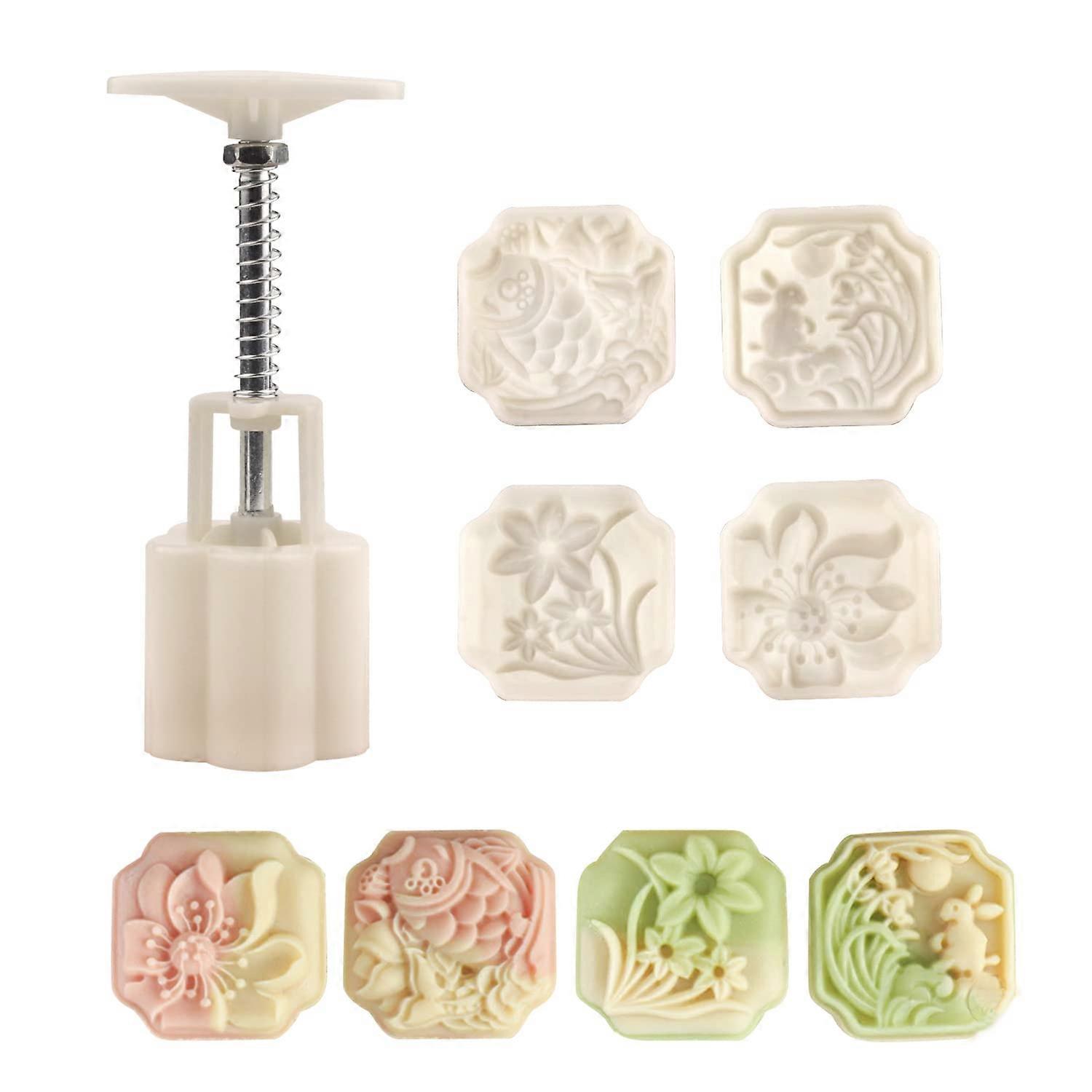 Hand Press Mooncake Mold Set with Adjustable Thickness, Intricate Pattern Pastry Stamp, 4 Koi Flowers