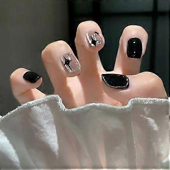 24Pcs Short Coffin Press on Nails for Women, Glitter Black Star Design, Reusable with Adhesive