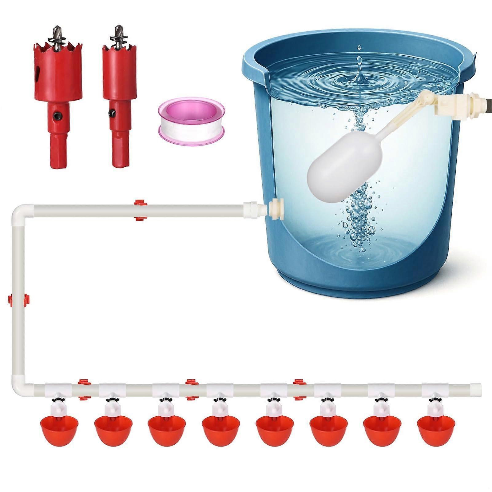 Automatic Poultry Waterer with 8 Cups, PVC Chicken Watering System with Float Valve, Easy Install