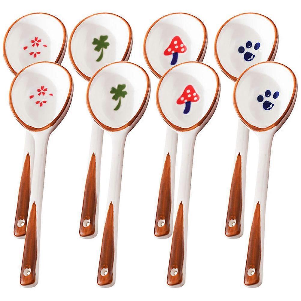 Children's Soup Spoon Ceramic Long Handle Spoon for Porcelain 8Pcs Set