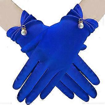 Royal Blue Short Satin Evening Party Gloves for Women with Pearl Cuffs, Perfect Wrist Length Stage & Wedding Bridal Accessories