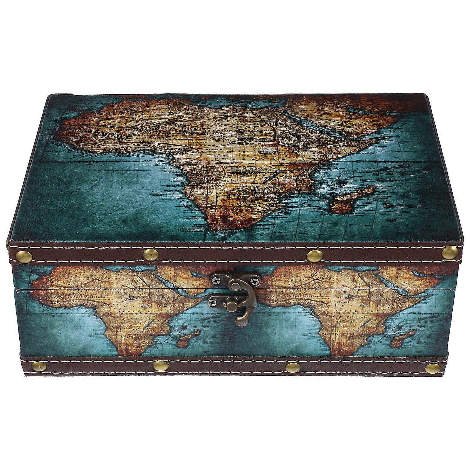Wooden Storage Box for Keepsake Map Pattern Retro Jewelry Case
