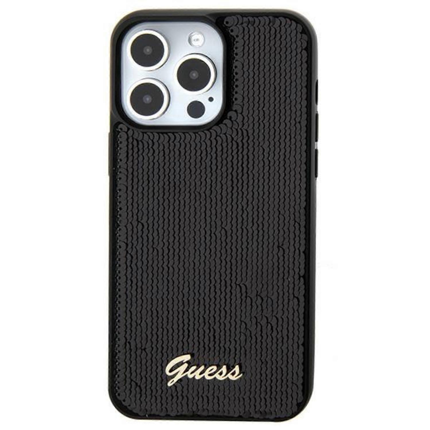 Guess Apple iPhone 15 Protective Case Cover Sequin Script Metal Black


