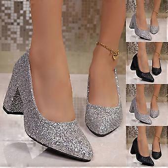 Women's Wide Width Glitter Block Heel Pumps, Sparkly Pointed Toe Dress Shoes, Comfortable Slip-On Heels for Party & Wedding