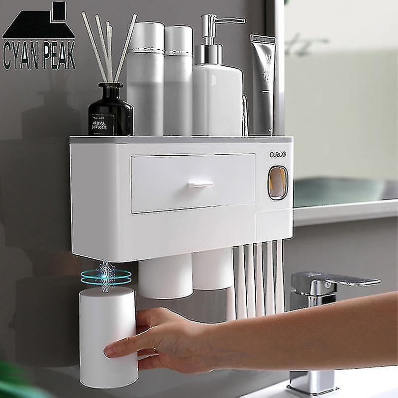 Magnetic Adsorption Automatic Toothbrush Holder Toothpaste Dispenser Squeezer Wall Mount Storage Rac