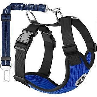 Blue dog harness, size M, chest circumference: 54.6 to 68.6 cm, 1 adjustable safety strap, breathable fabric with car connector.
