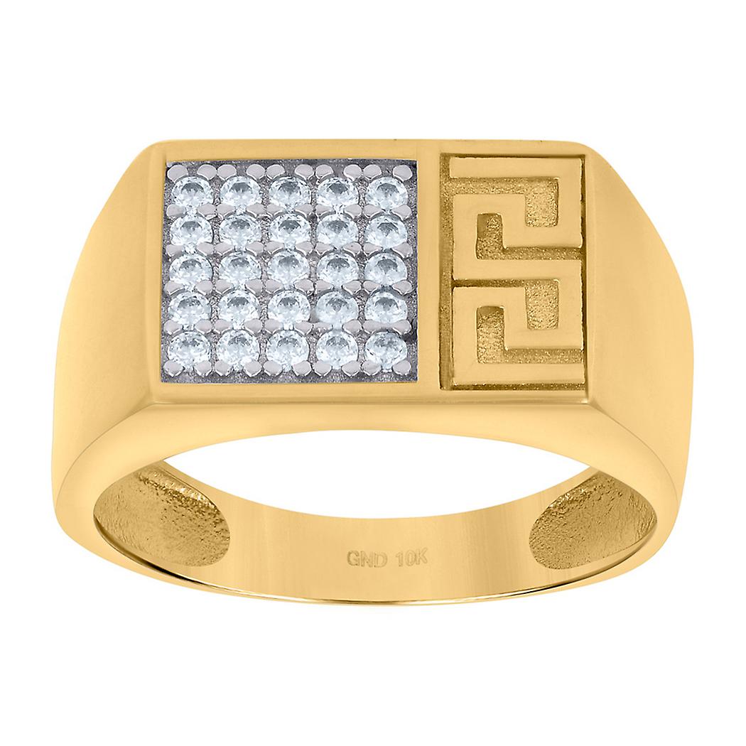10 Karat zweifarbiger Goldring für Herren mit rechteckigem Kopf und griechischem Schlüssel, Zirkonia, 10 mm lang