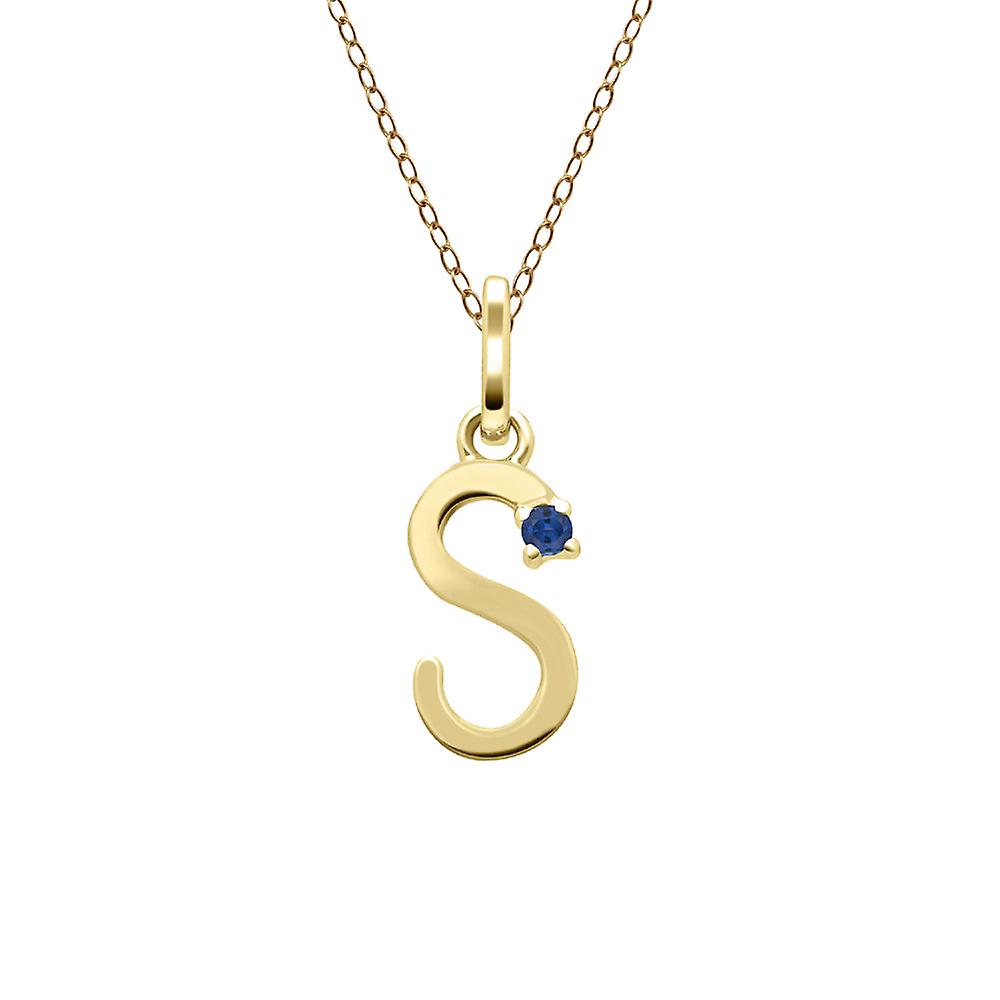 Collier Initial S Bleu Saphir Letter en Or Jaune 9ct