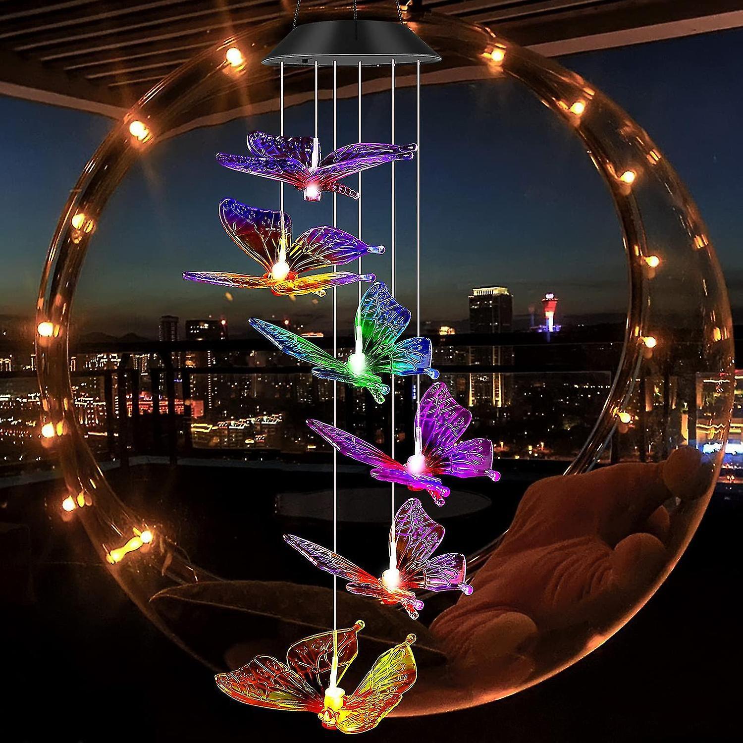 Outdoor solar powered wind chimes, crystal hummingbird wind chimes with colour changing LED lights,