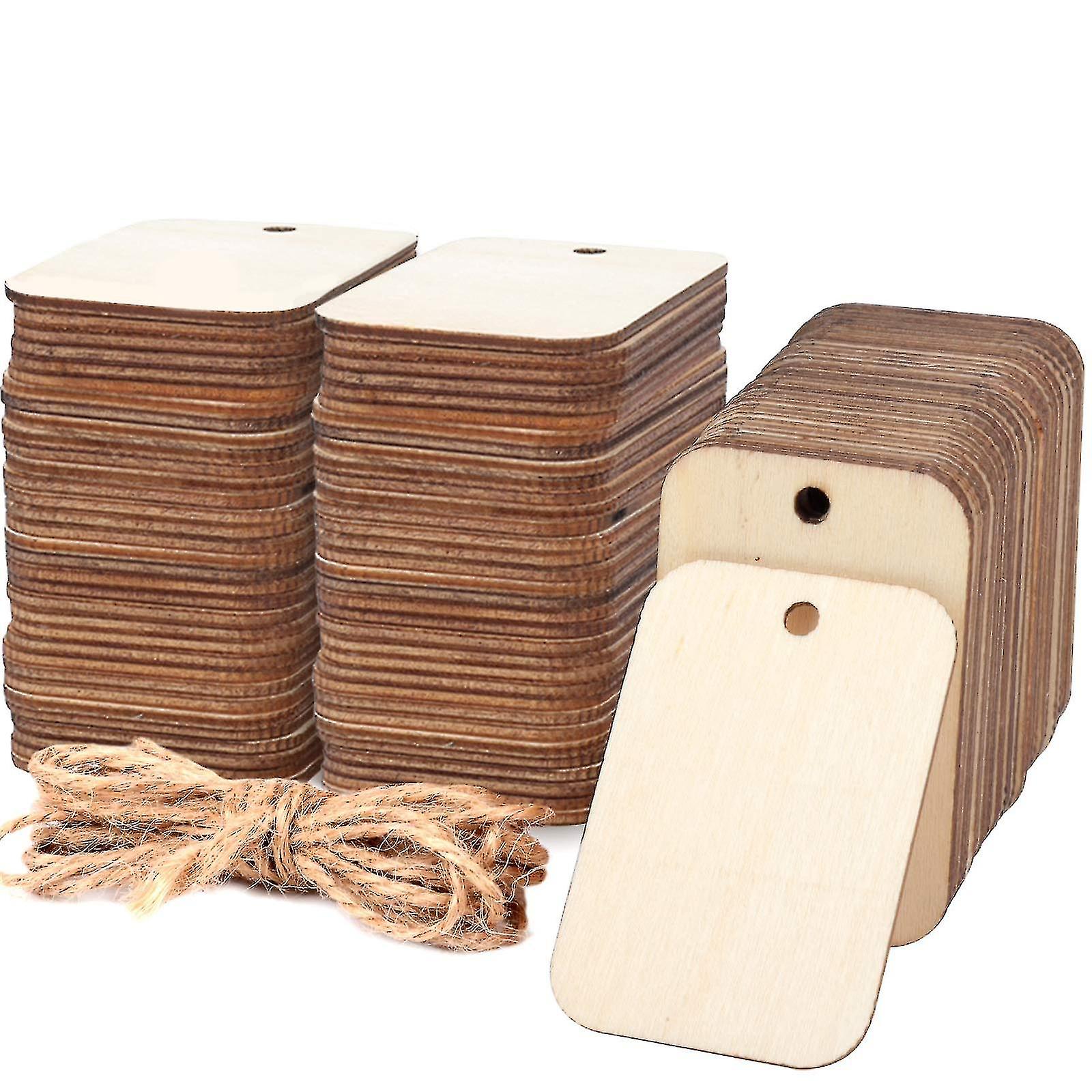 100 Pcs Pièces de bois non finies en forme de rectangle, découpe en bois clair naturel rustique avec trou (2.04 x 1.37)