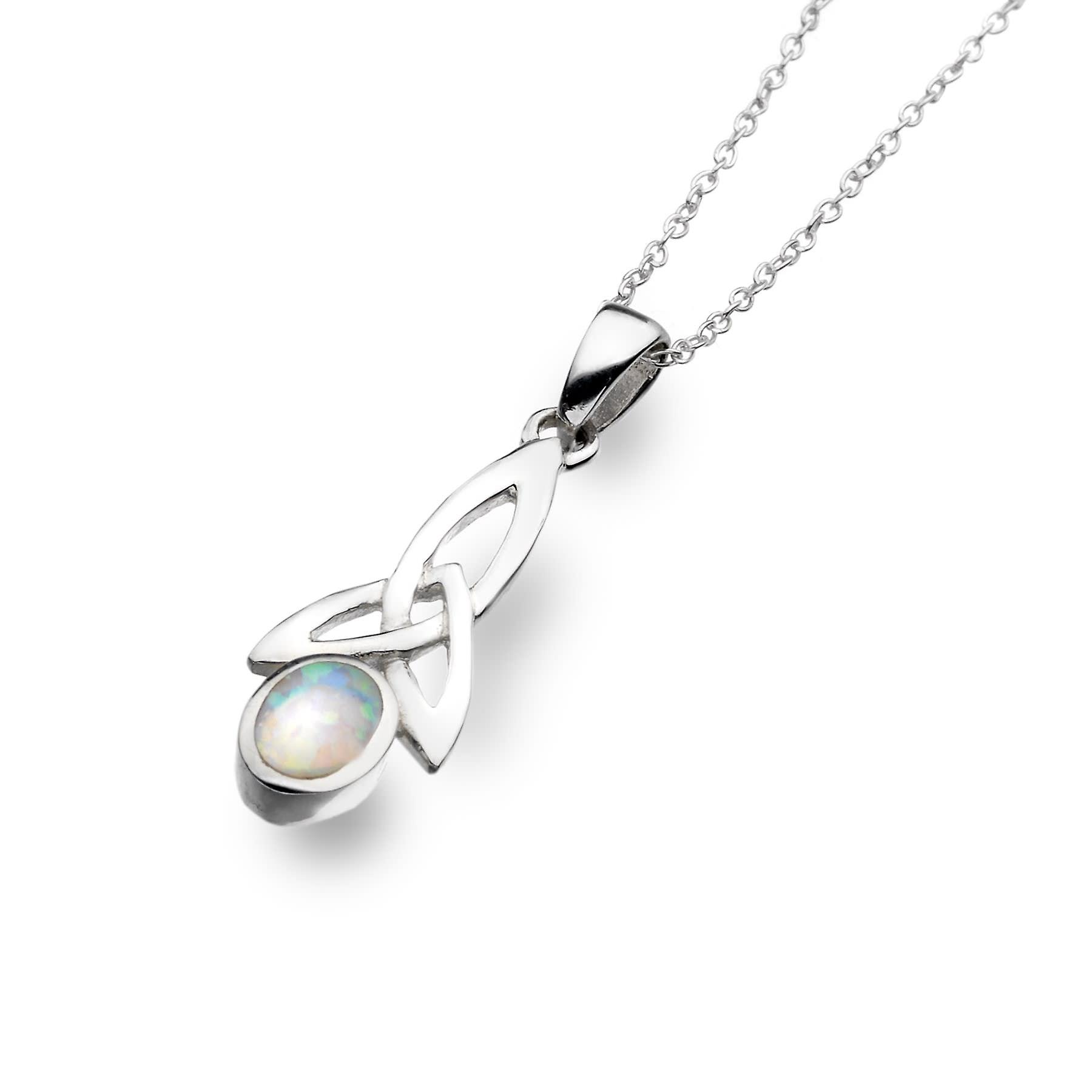 Sterling Silver Pendant Necklace - Celtic Trinity + Synthetic Opal Long