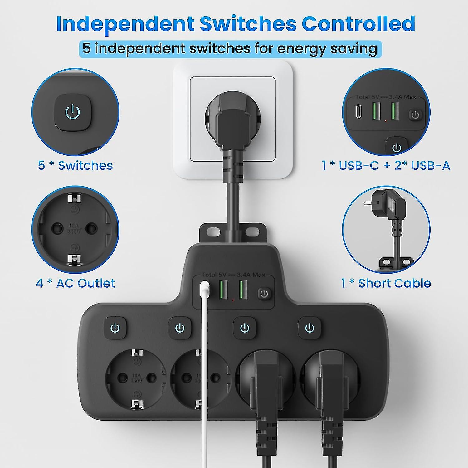 4-way Power Strip, Individually Switchable, Multiple Socket With Usb C, 4 Sockets And 3 Usb Ports, Double Plug For Socket, Wall Mounting, Multiple Plu