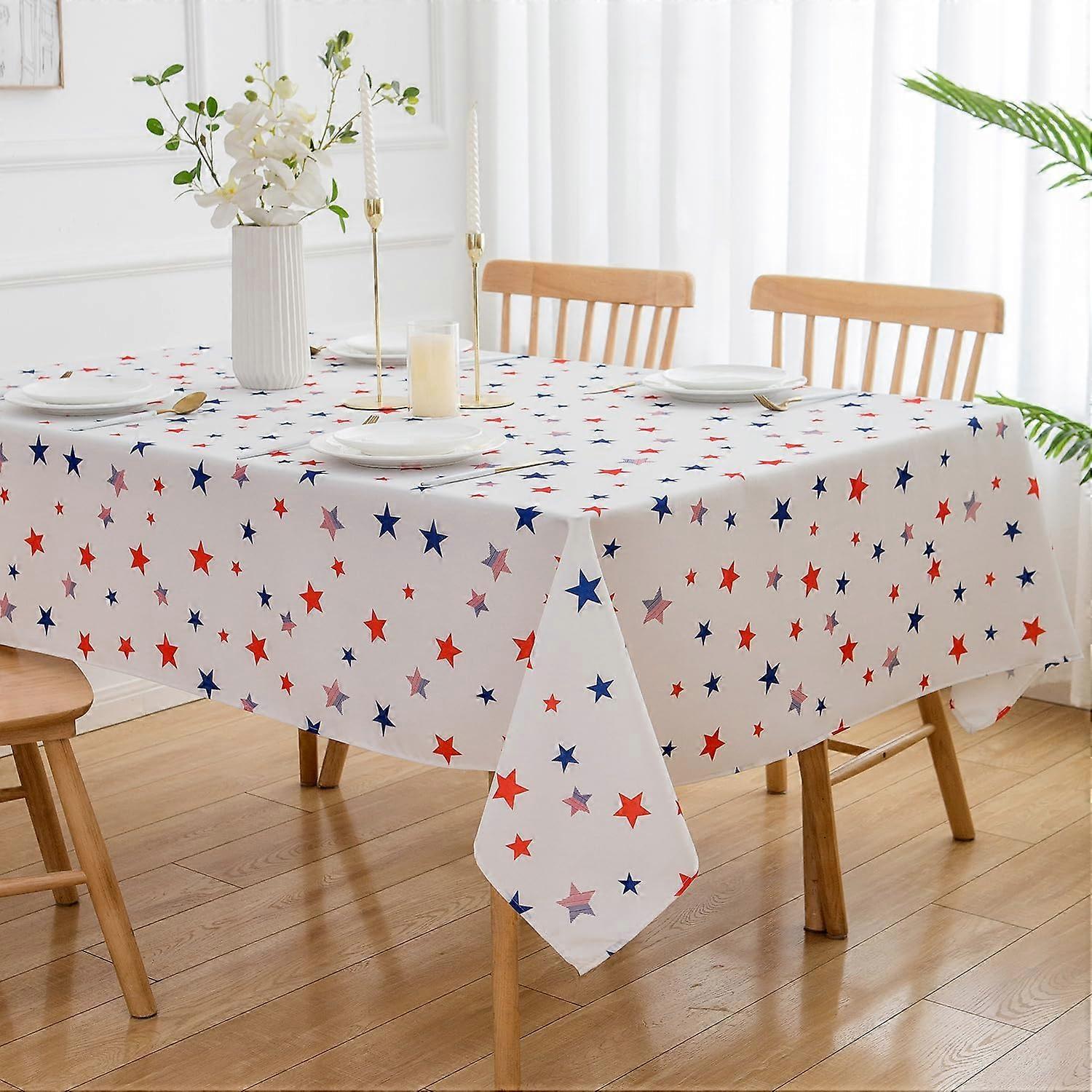 4th of July Tablecloth 60" X 84" Rectangle Patriotic Tablecloth - Red Blue Stars White Oblong Polyester Table Cover Reusable Water Resistant Independe