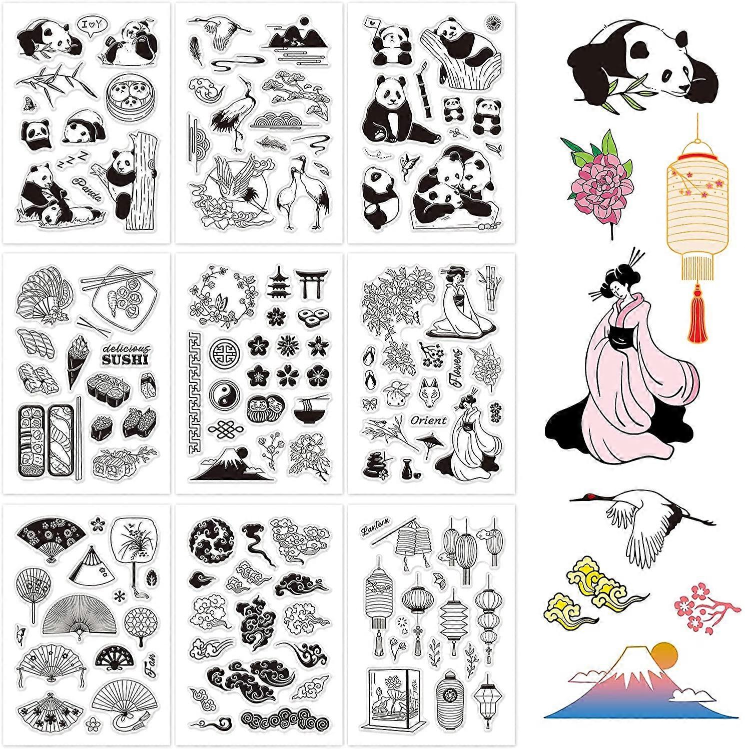 1Set 9 Sheets OrientalStyle Silicone Clear Stamps Seal for Card Making Decoration and DIY Scrapbooking(The Panda, Red-Crowned Cranes, Sushi, Geisha, T