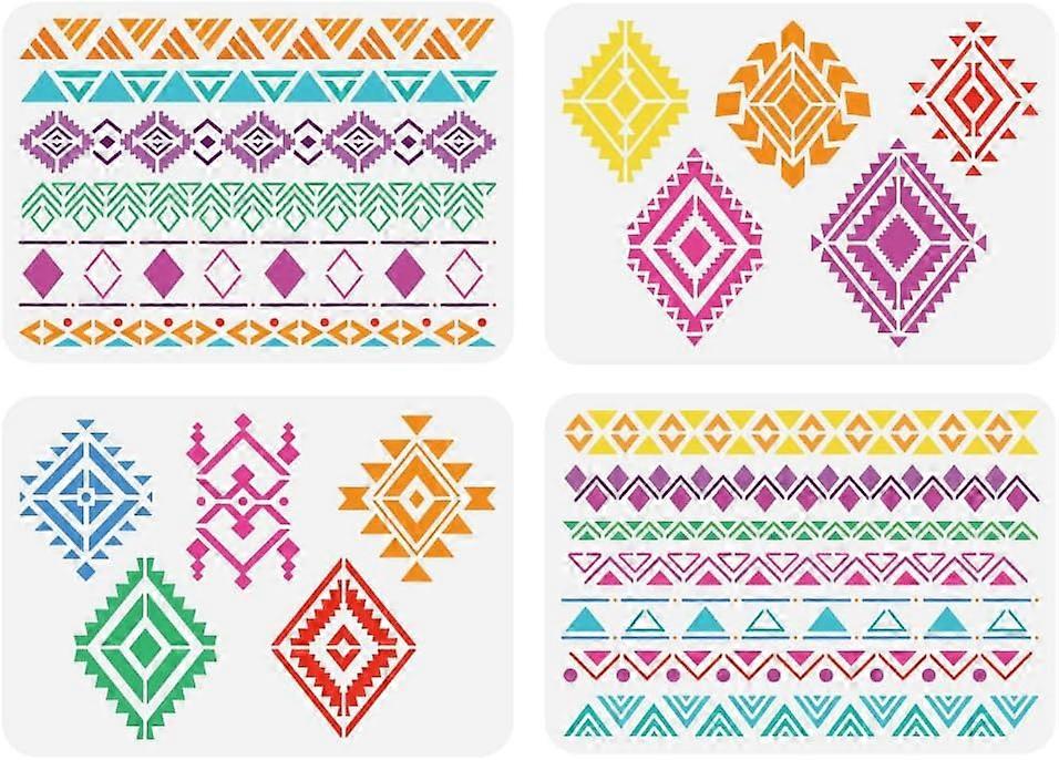 4PCS Tribal Geometric Painting Stencil 8.3x11.7inch Boho Aztec Design Stencil Bohemian Theme Floral Pattern Template for Painting on Wood Floor Wall C