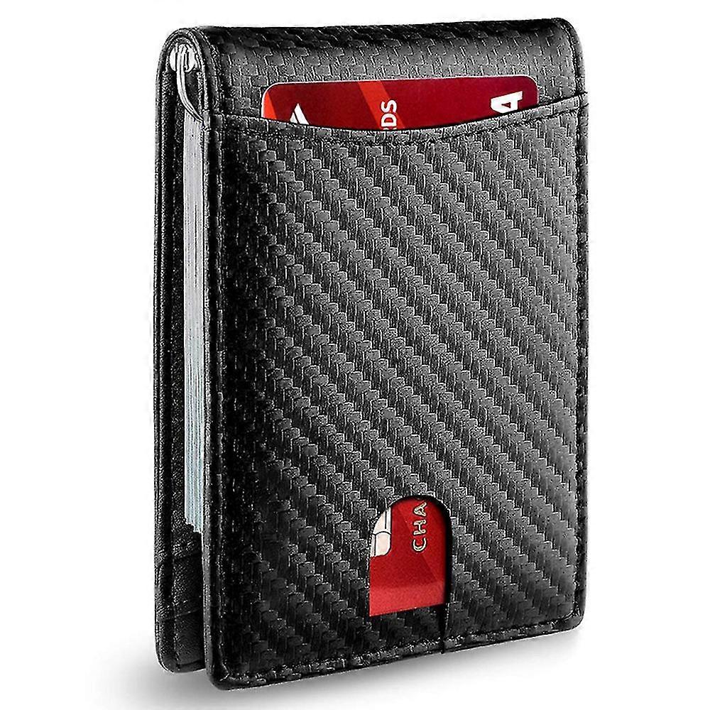 Men's Slim Wallet Large Capacity With 12 Slots Rfid Blocking Simple Carbon Fiber Black