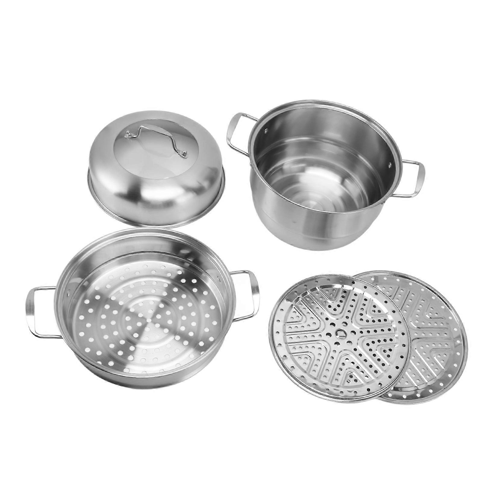 Pot à vapeur en acier inoxydable avec poignées des deux côtés Pot à vapeur épais multicouche Pot de cuisine avec couvercle en verre trempé 3 niveaux