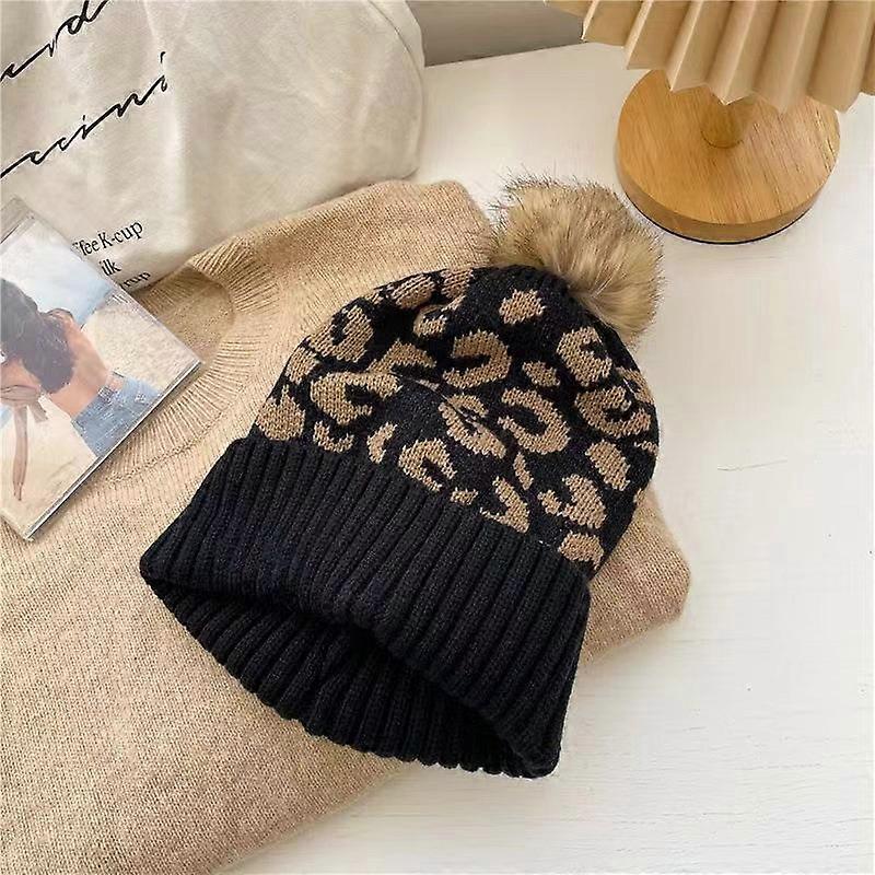 Leopard Print Knit Beanie Hat for Women, Warm Thick and Trendy