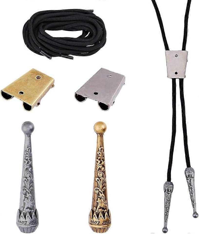 Iron Bolo Tie Kit Including 4Pcs 2 Colors Bolo Tie Tips Replacement End Caps Bolo Tie Slide Clasp with 4Pcs Alloy Cord End Polyester Cord Shoelaces Bo