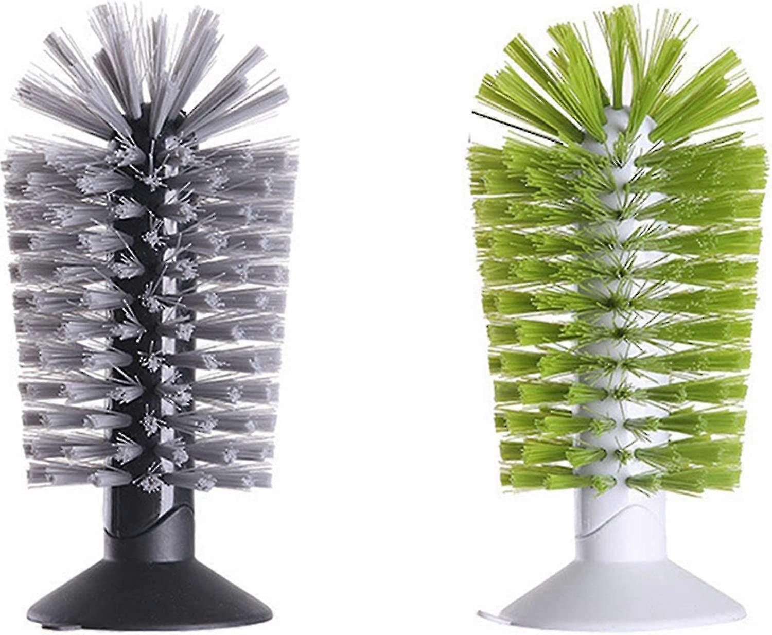 2 PCs Bottle Cleaning Brush with Suction Base Green and Grey