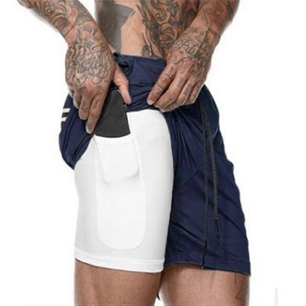 Men Double Layer Elastic Waist Sports Shorts Quick Drying Jogger Fitness Bottom Pocket