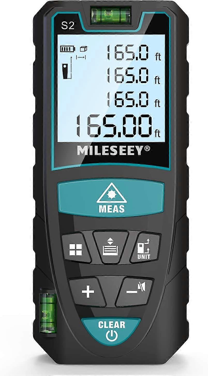 50m Laser Distance Meter, Mileseey by 2 Bubble Levels 2mm Digital Laser Meter with LCD Backlight & 4 Line Display, IP54 Distance Surface Volume Measur