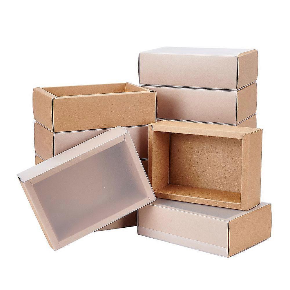 12Set 12 Pack Kraft Paper Gift Boxes with PVC Frosted Cover 16x10x5.5cm Kraft Paper Drawer Box for Cake Cookie Candy Soap Snacks Weeding Party Favors 