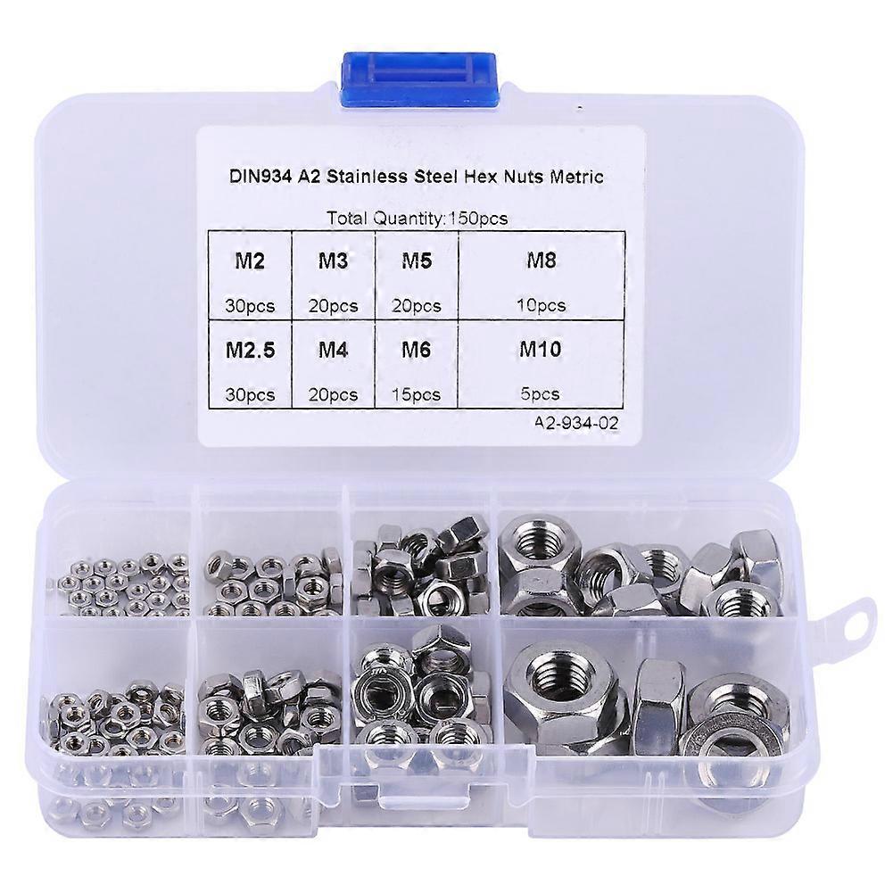 150pcs M2-M10 Stainless Steel SS304 Thread Hex Hexagonal Nuts Fasteners Set