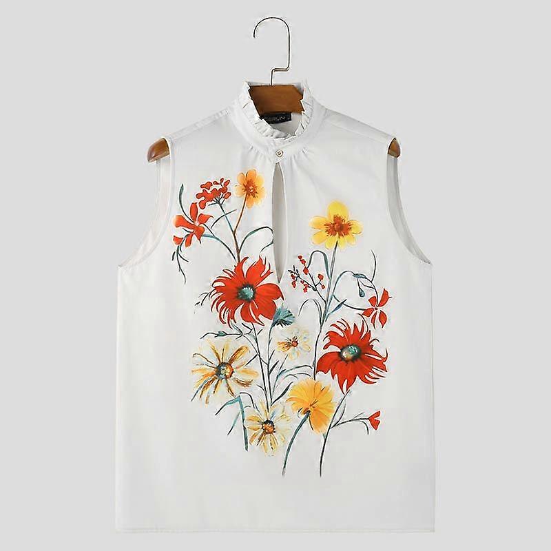 INCERUN Men Stand Ruffled Neck Tank Tops Floral Print Beach Holiday Vest