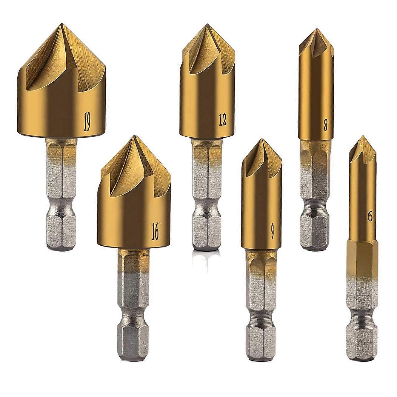 6 Pcs 1/4inch Hex Shank Countersink Drill Bits Center Punch Set HSS 5 Flute Countersink 90 Degree Center Punch Tool Sets