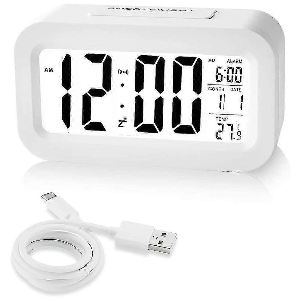 Rechargeable Alarm Clocks, Digital Alarm Clocks Bedside Mains Powered with Smart Light Sensor, 12/24