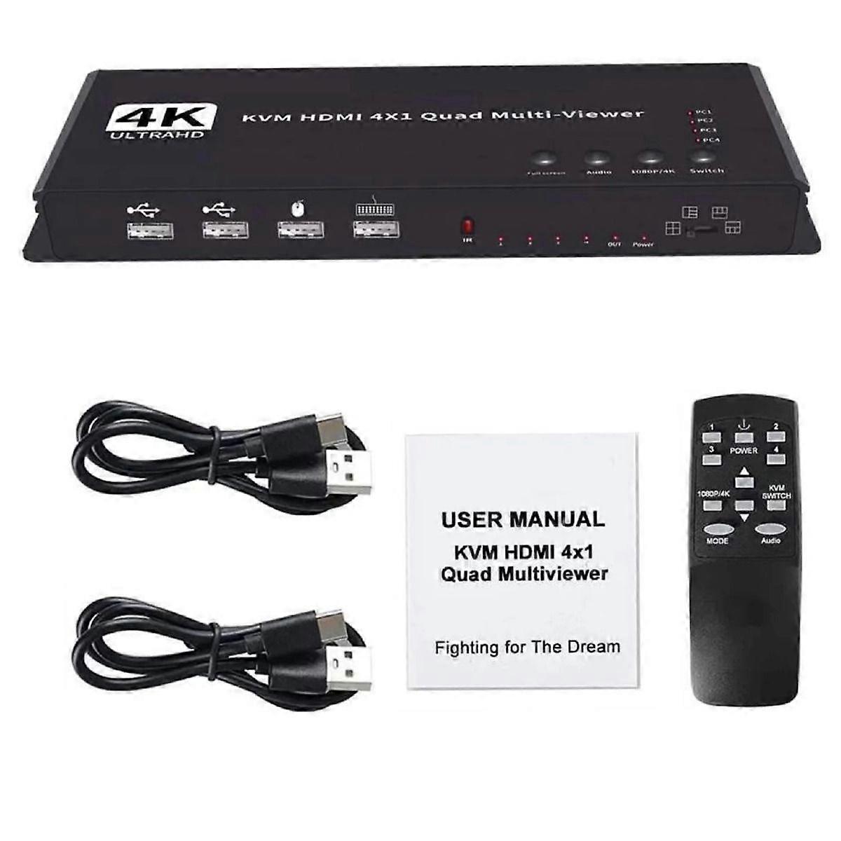 Quad for HDMI Multi-viewer Switcher 4K Resolution, IR Remote Control for Conference Rooms and Gaming Centers