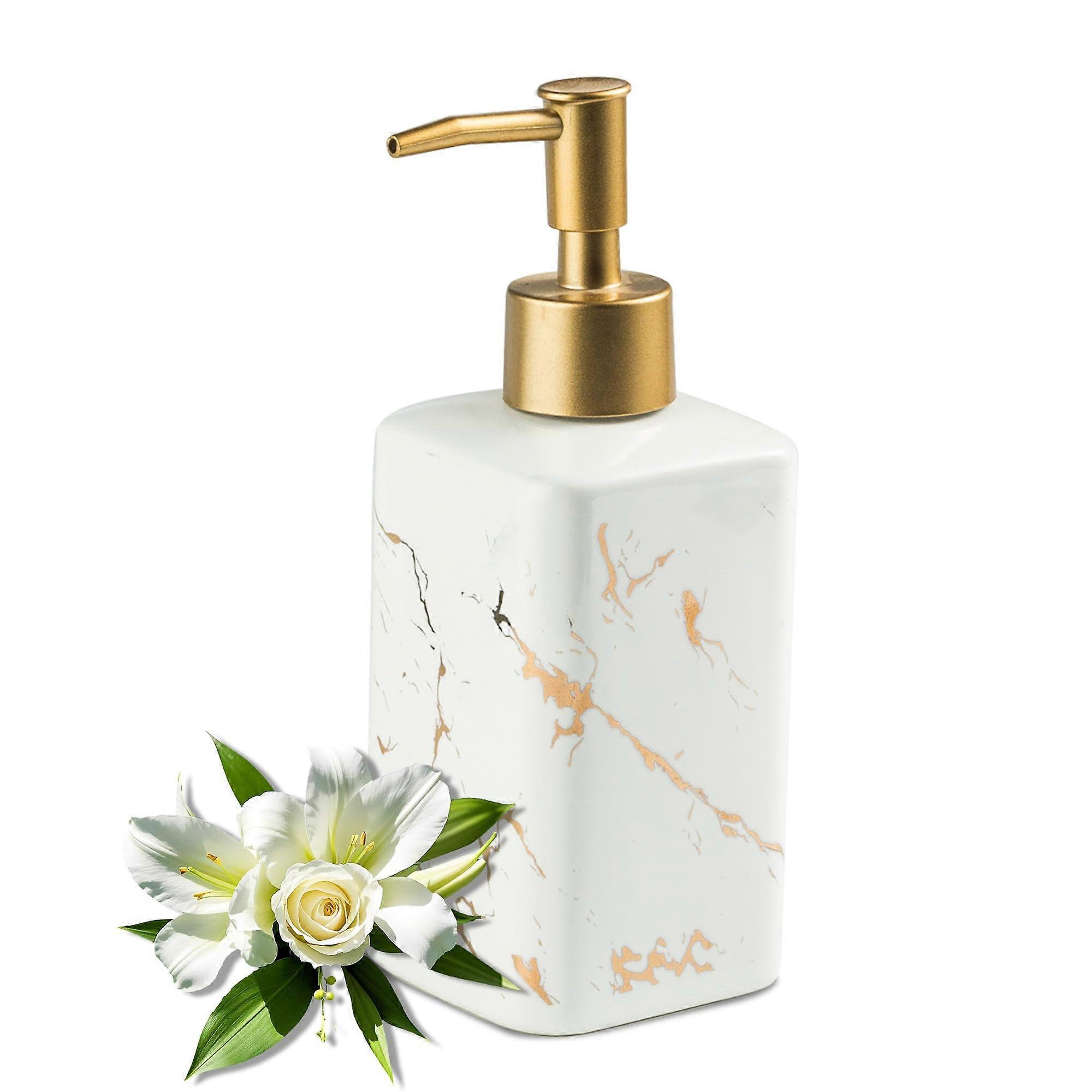 Gold Ceramic Square Soap Dispenser for Bathroom Countertop, Modern Design, Durable Material, 10 oz Capacity
