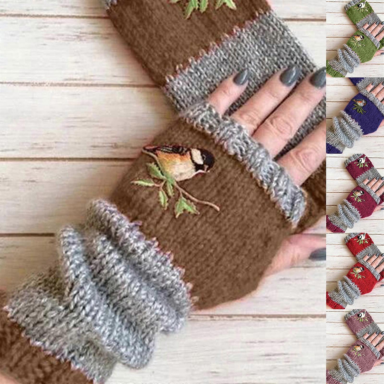 Hiver Demi Doigt Gants Tricot Mitaines avec Trou de Pouce Oiseau Broderie Colorblock Cache-main court pour Femmes vin rouge