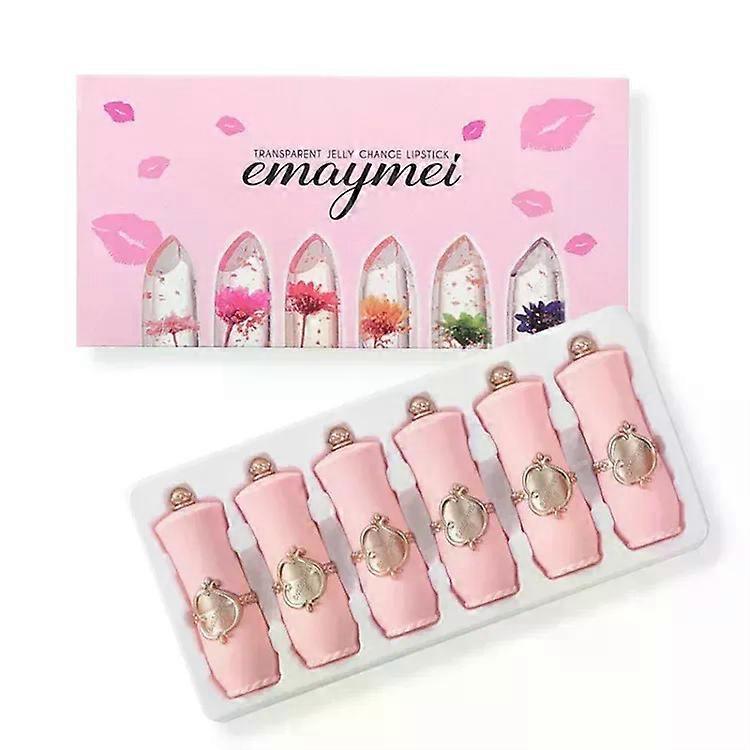 6pcsメイクアップリップスティックセットドライフラワーゼリークリスタルクリアロングラスティングモイスチャライジングリップカラーチェンジピンクリップグロスコスメティックス