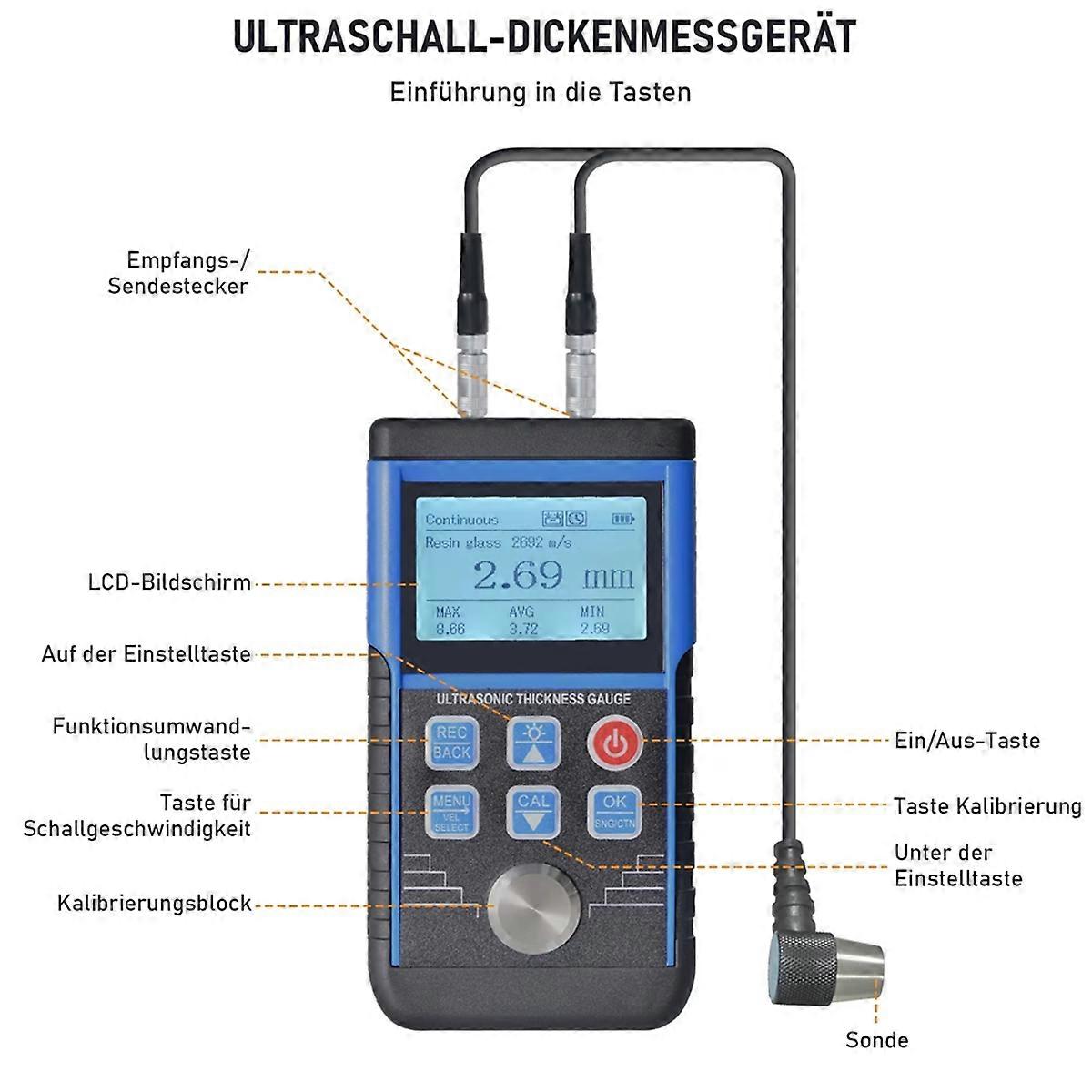 Ultrasonic Thickness Gauge Metal Meters Paint Thickness Tester Measurement 0.8-500mm Suitable for Va