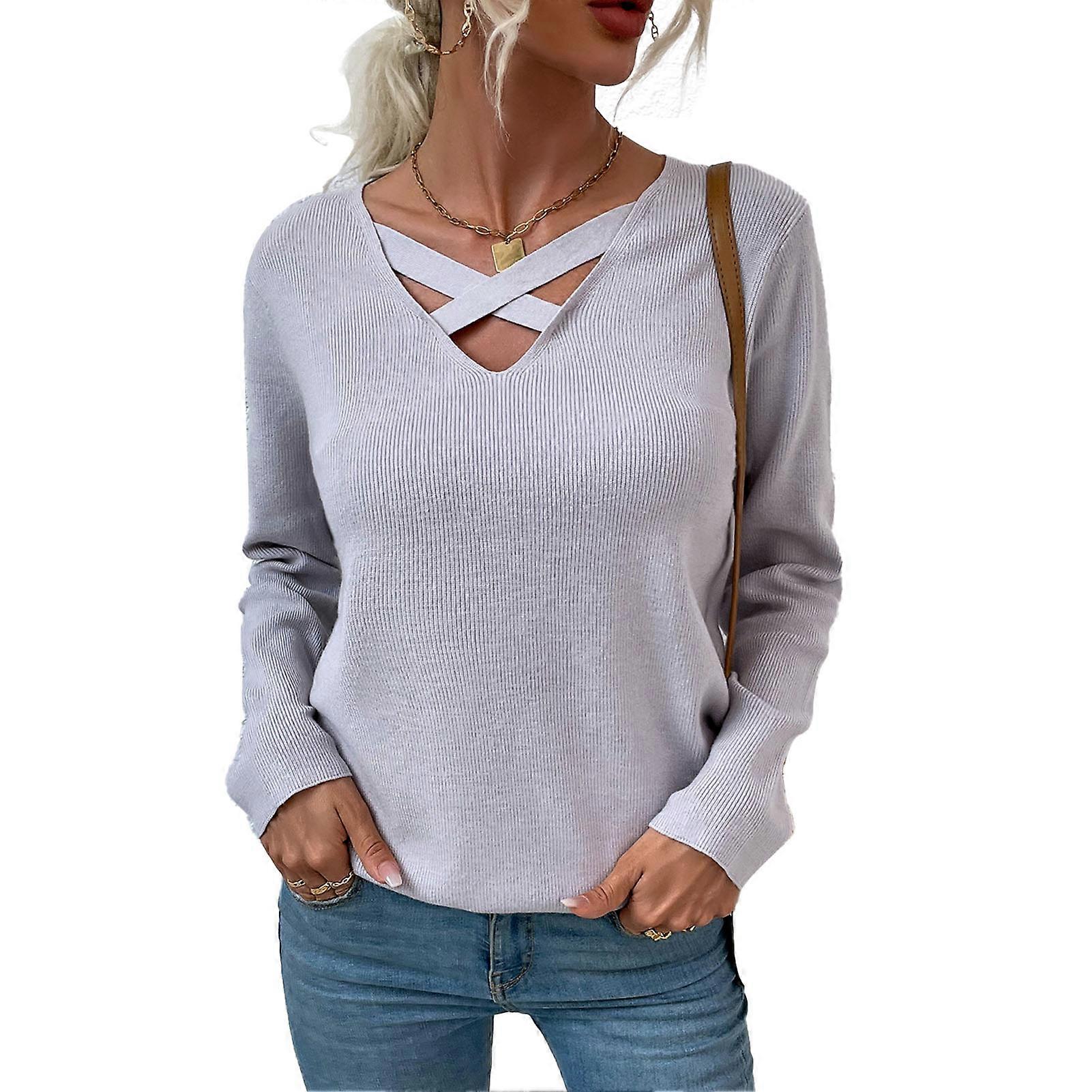 Kvinnor V-hals Criss Cross Höst Tröjor Skjortor Mode Stickad Pullover Casual Långärmad Toppar