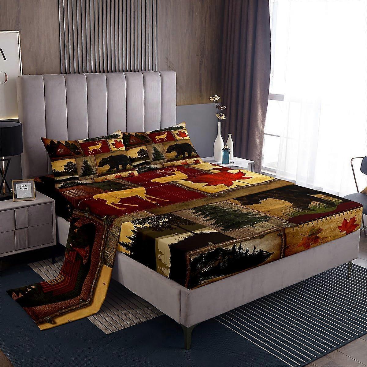 1 Set Bed Sheets Rustic Farmhouse Retro Cabin Lodge Hunting Bear Deer Country Maple Leaves Rustic Woodland Pine Tree Full Size