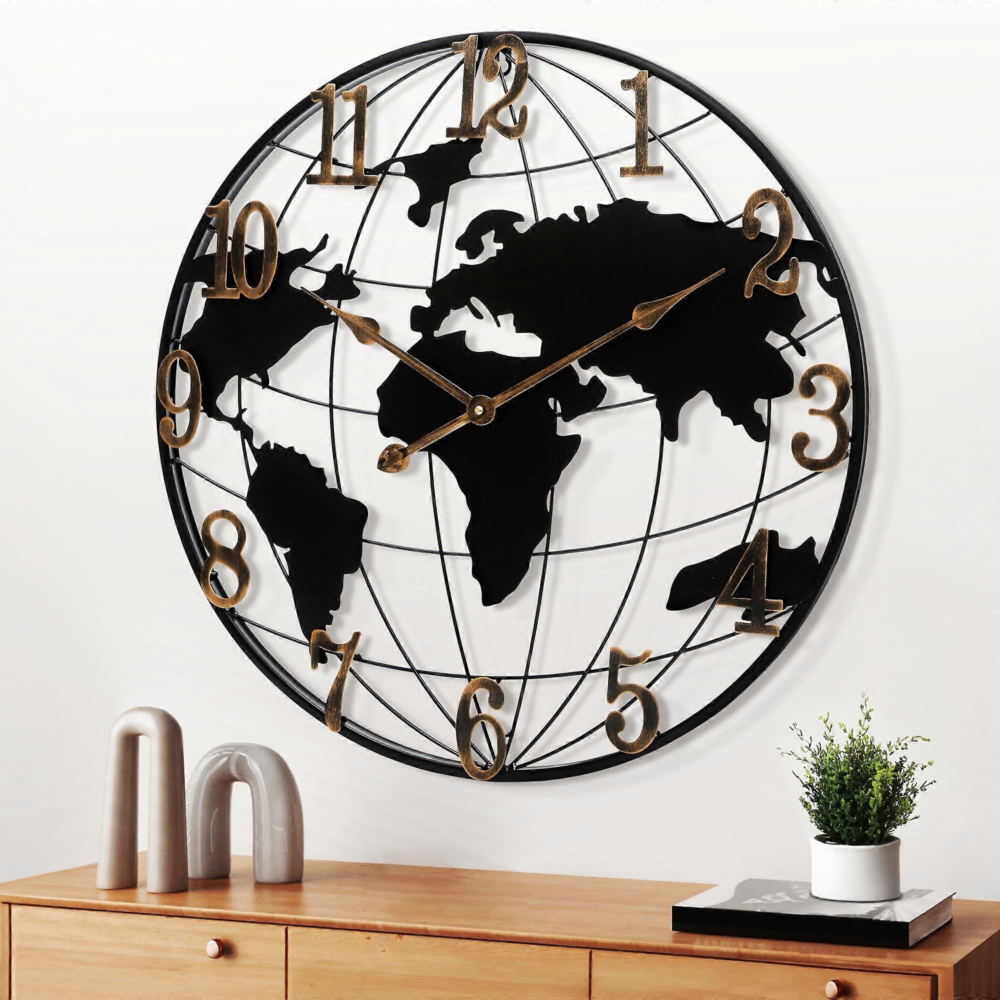 Large World Map Wall Clock, Modern Metal Minimalist Design, Silent Battery-Operated Round Wall Clock for Home Office Decor