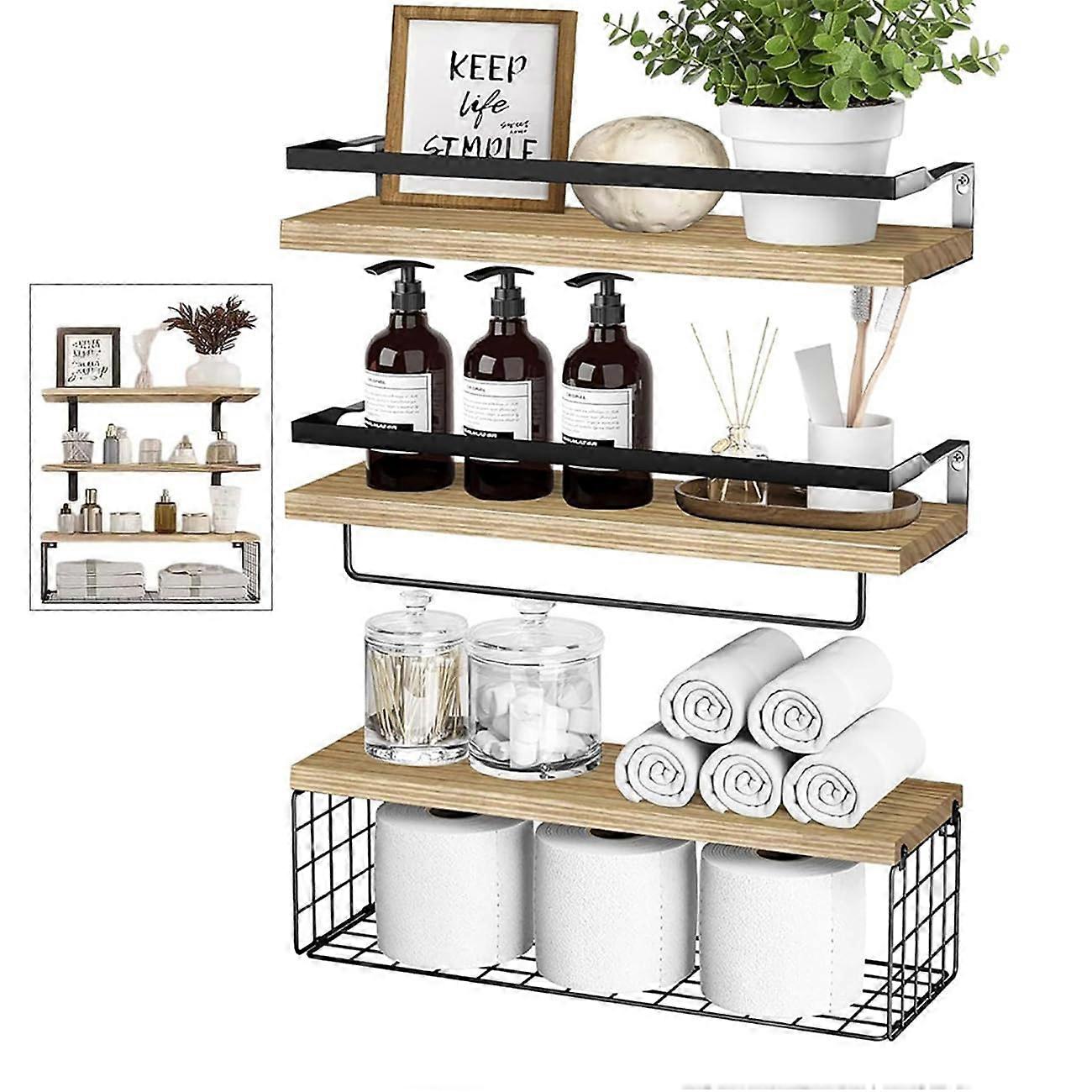 Towel Racks for Bathroom Wall Mounted, 3PCS Floating Shelves with Storage Basket