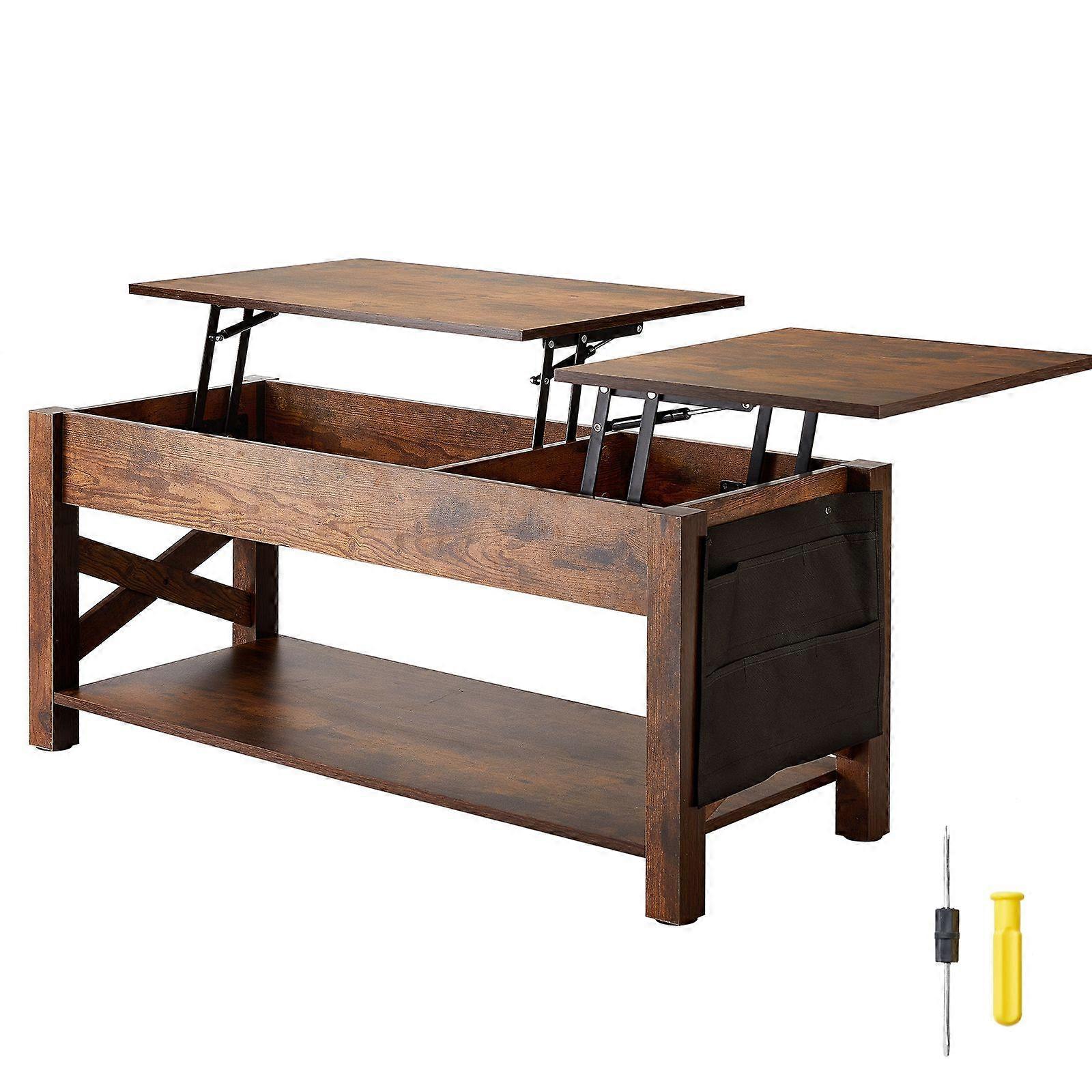 Mesa de Café Lift-Top, Mesa de Café Retangular de 47,5 polegadas com Bolsos de Armazenamento Extra, Mesa de Café Pop Up para Sala de Estar, Marrom