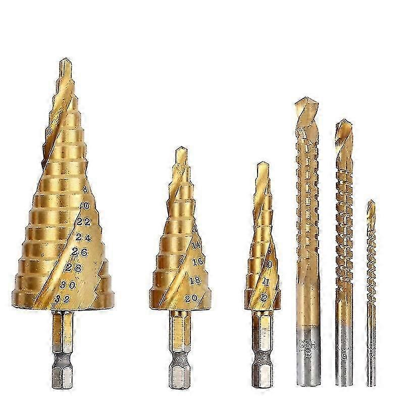 6pcs Titanium Hex Step Drill Bit Set 4-12/20/32mm Metal Hole Cutter Wood Cone Core Drilling Tool+sa
