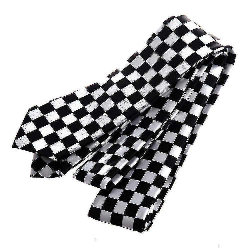 Men's Black White Checkered Pattern Formal Tie