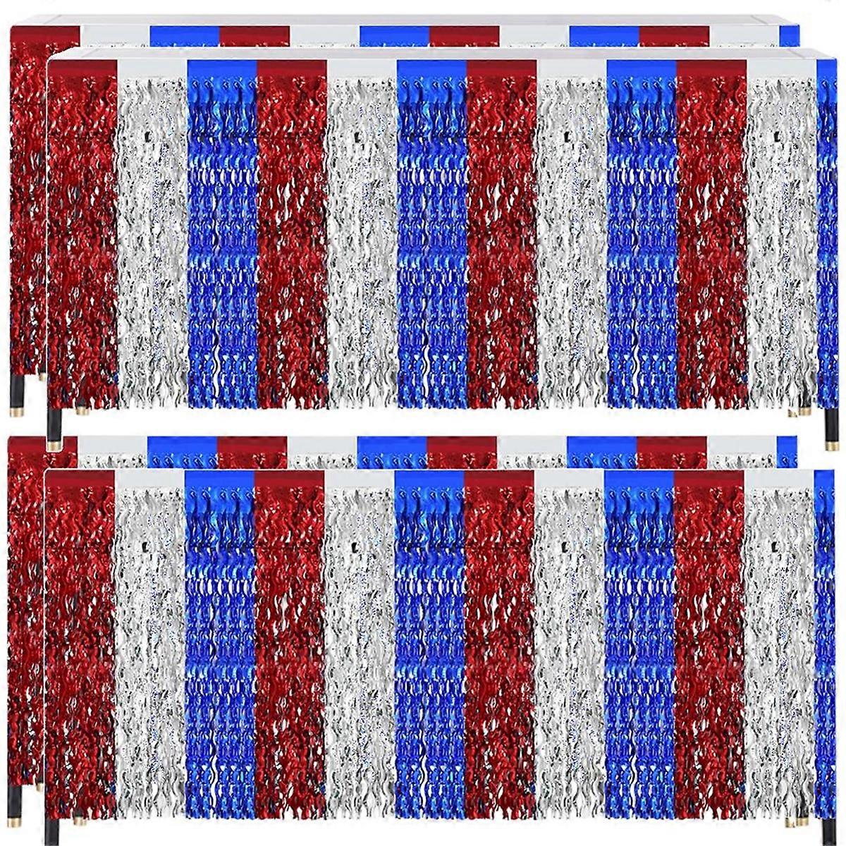 4 Pack 4th of July Decorations, Metallic Foil Fringe Tinsel Table Skirts Patriotic Red White Silver