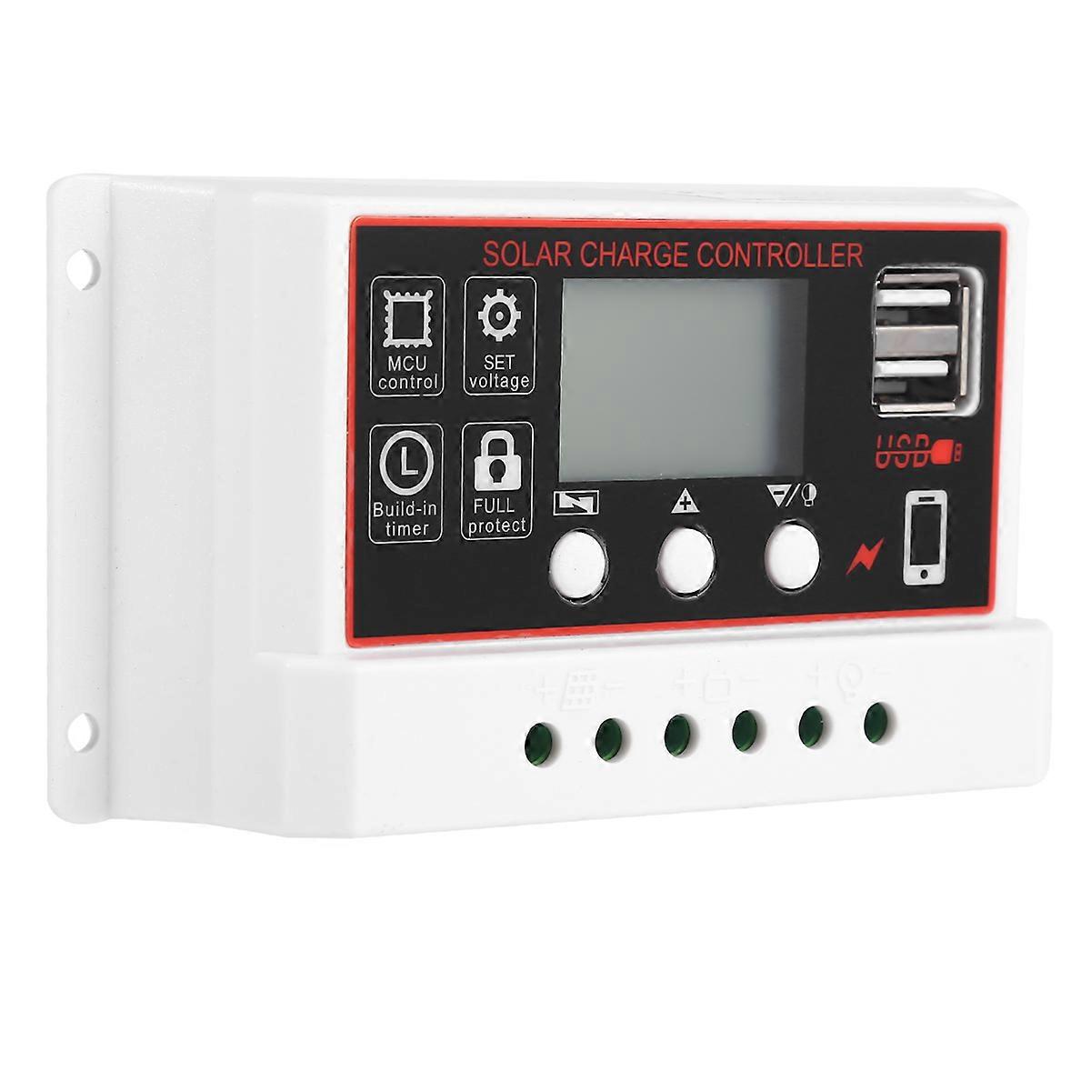 Solar Charge Controller with USB Output, Digital Regulator for Lithium Batteries, Panel Compatible, Timer Display, White
