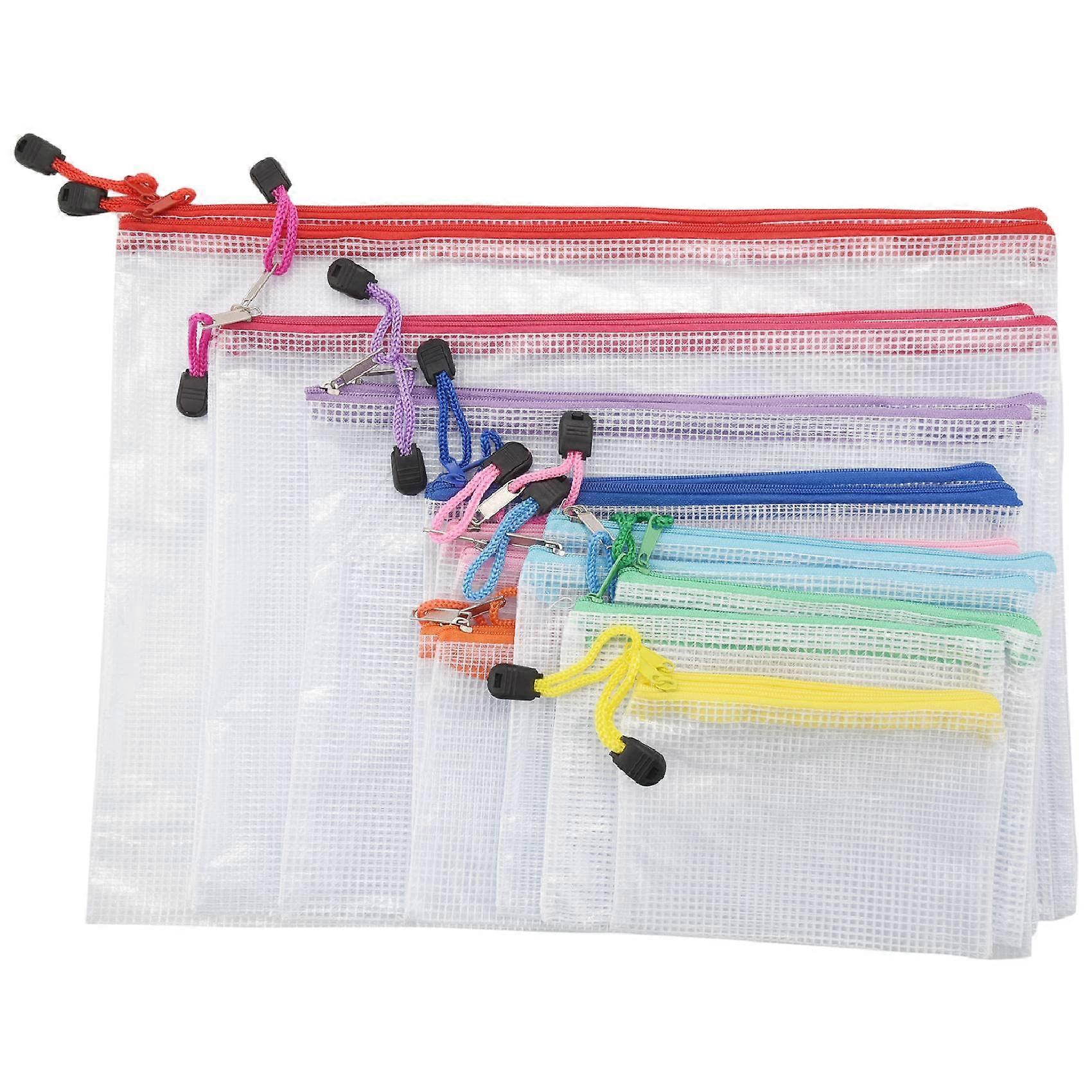 18 Pack 8 Sizes Zip Closure Mesh Bag, Zip Closure Files Bag Document Bag Multipurpose (9 Colours)