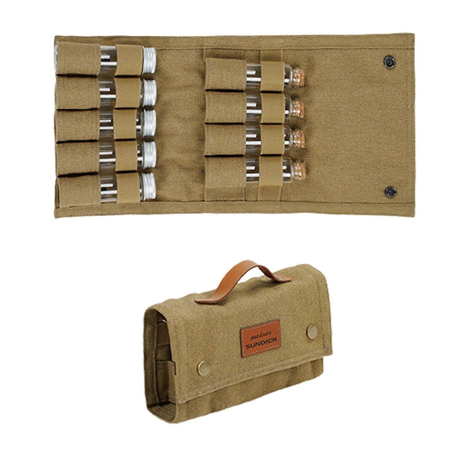 Outdoor Spice Bottle Set, Foldable Wax Canvas Bag with 9 Jars for Camping, Hiking
