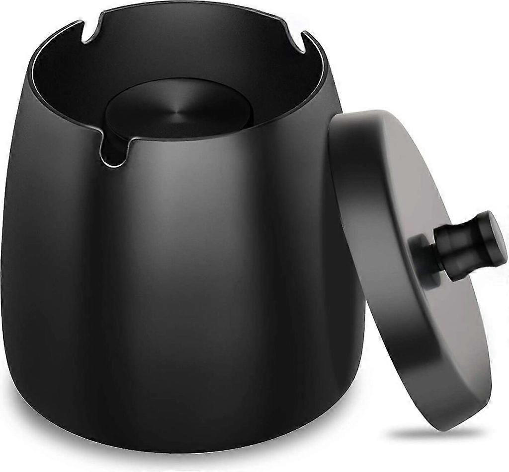 Stainless Steel Ashtray with Lid, Heavy Non-Slip Base for Outdoor and Indoor Use, Windproof, Black