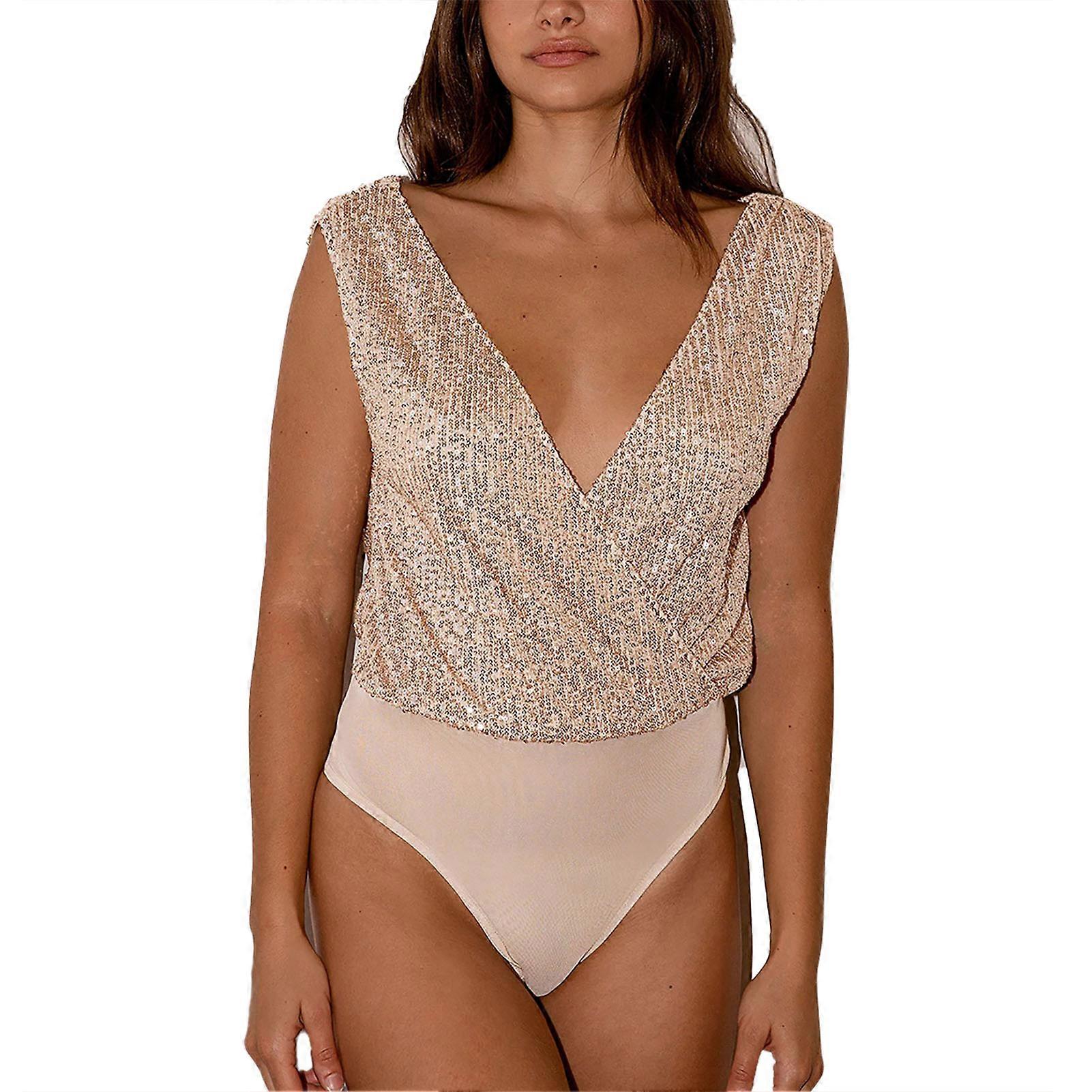 Women Sleeveless Wrap V Neck Glitter Bodysuit Fashionable Shiny Sequins Backless Bodysuit for Bar Party M Apricot